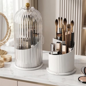 Soporte para brochas de maquillaje con forma de jaula de pájaros, organizador de cosméticos a prueba de polvo, almacenamiento minimalista para tocador.
