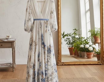 Gonna lunga plissettata a fantasia floreale | Stampa in chiffon blu e marrone | Elegante abbigliamento boho da donna
