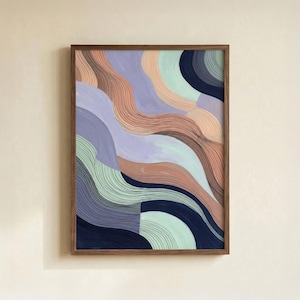 May include: Abstract art print in a wooden frame. The artwork features flowing, wavy lines in shades of lavender, peach, teal, and navy blue. Thin black lines add texture to the design. A modern piece for home decor.