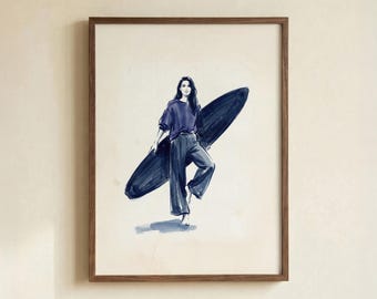 Surfer Girl Fashion Illustration Print, Minimalist Navy Ink Poster, Coastal Home Decor