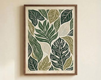 Botanical Linocut Leaves Art Print: Green Tropical Foliage Poster, Unframed Paper Decor