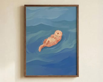 Sea Otter Art Print, Minimalist Animal Illustration, Coastal Calm Poster