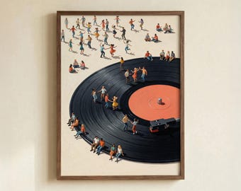 Vinyl Record Player Art Print, Retro Music Lover Poster with Dancing Figures