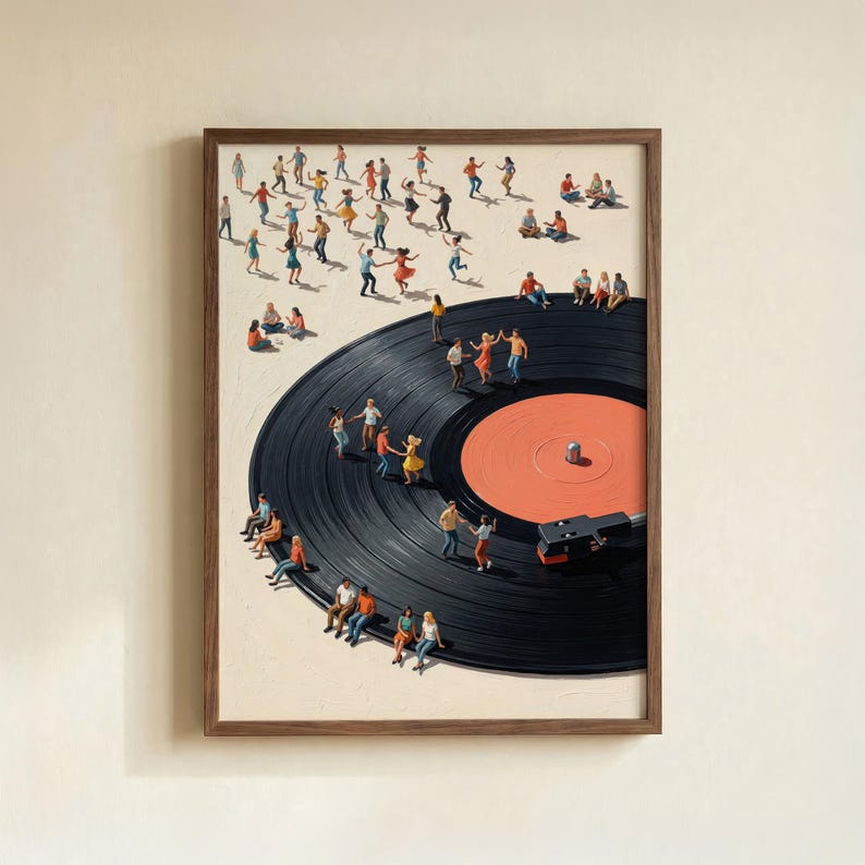 Lámina artística de tocadiscos de vinilo, póster retro para amantes de la música con figuras bailando. imagen 1