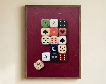Burgundy Colorful Dice Poster, Retro Symbol Art Print