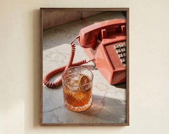 Retro Red Phone Cocktail Print: Marble Mid-Century Bar Art