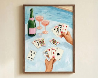 Poolside Card Game Poster, Champagne Cocktail Summer Art Print