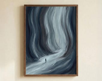 Abstract Blue Lone Figure Art Print: Moody Oil Painting Landscape Poster