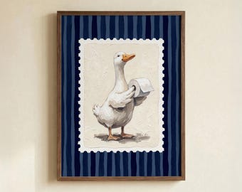 Póster de baño con pato blanco, lámina artística de papel higiénico a rayas azules.