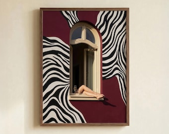 Lámina surrealista de cebra para ventana, arte mural rojo burdeos, póster de fotografía conceptual