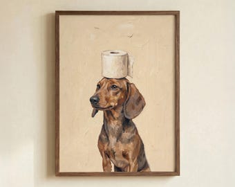 Dachshund Dog Poster, Beige Bathroom Toilet Paper Art Print