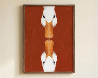 Double Duck Portrait Art Print: Symmetrical White Bird Poster, Unframed Paper Wall Decor