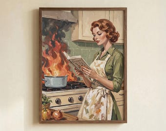 Retro Kitchen Fire Poster, Vintage Woman Cooking Wall Art Print