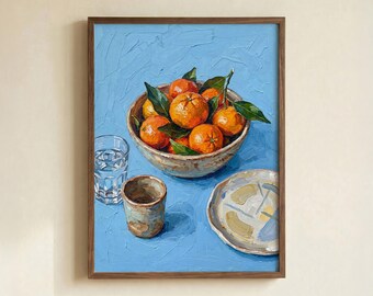 Impressionist Orange Fruit Bowl Art Print: Blue Textured Still Life Poster, Unframed Paper