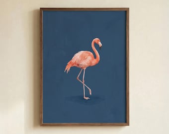 Pink Flamingo Wall Art Print, Minimalist Animal Illustration on Navy Blue Background Poster