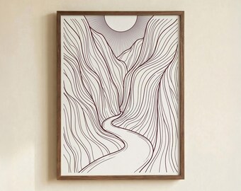 Minimalist Sun and Mountain Line Art: Burgundy Boho Landscape Poster, Unframed Paper