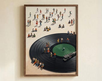 Lámina artística de vinilo verde, póster retro para fiestas musicales con figuras en miniatura.