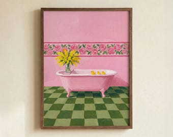 Pink Bathtub Retro Bathroom Art Print, Rubber Ducks, Green Checkered Floor Illustration