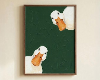 Peeking White Ducks Art Print: Dark Green Textured Bird Poster, Unframed Paper Decor