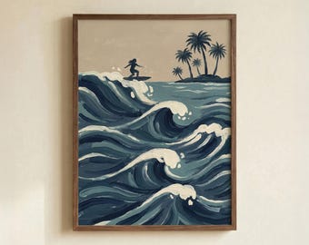 Surfer Girl Art Print, Retro Ocean Waves, Palm Trees Illustration, Navy Beige Poster