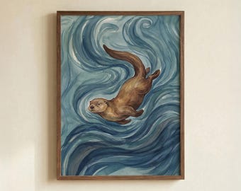 Diving Sea Otter Wall Art, Watercolor Style Marine Animal Illustration Poster in Blue Waves