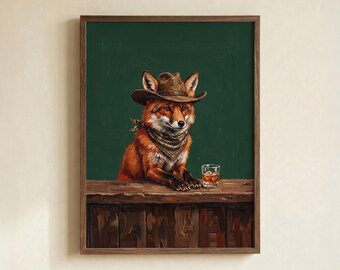Cowboy Fox Whiskey Bar Art Print, Vintage Animal Portrait Poster