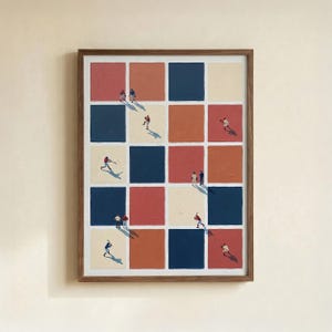May include: A framed art print featuring a grid of colorful squares in red, blue, orange, and cream. Tiny figures are depicted playing baseball in each square, with long shadows cast across the squares. The artwork has a minimalist style.