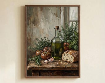 Mediterranean Kitchen Still Life Poster: Olive Oil and Bread Art, Unframed Paper Print