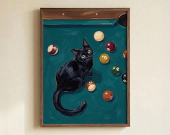 Black Cat Billiards Pool Table Poster, Green Felt Oil Painting Art Print