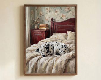 Sleeping Dalmatian Dog Poster, Floral Wallpaper Bedroom Impasto Art Print