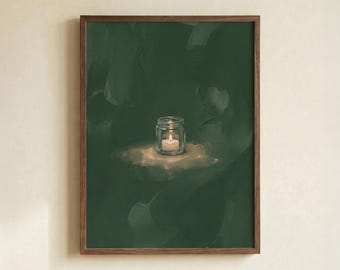 Lit Candle in Glass Jar Art Print, Dark Emerald Green Impressionist Poster