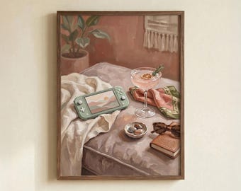 Sage Green Gaming Console Poster, Terracotta Cozy Room Wall Art Print