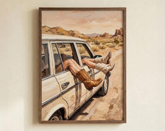 Cowboy Boots Car Poster, Desert Road Trip Western Art Print