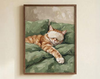 Poster mit orangefarbener Katzenschlafmaske, Kunstdruck für Haustiere in Salbeigrün
