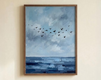 Blue Ocean and Birds Art Print: Textured Impasto Seascape Poster, Unframed Paper