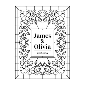 May include: Black and white floral design with the names "James & Olivia" and the date "09.17.2026" in the center. The design features flowers, leaves, and a rectangular frame, suitable for wedding decor.
