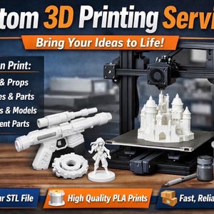 May include: An advertisement for a custom 3D printing service. The image shows a 3D printer creating a white castle model. Other 3D printed items include a blaster, a gear, and a figurine. The text reads "Custom 3D Printing Service" and "Bring Your Ideas to Life!"
