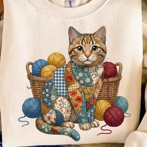 Patchwork Quilt Cat Yarn Ball Sublimation Design PNG (Digital Download)