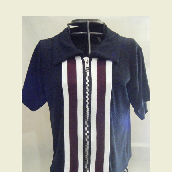 Vintage Racing Stripe Black Zip Front Polo Style Collared Top Ladies Size Extra Small 1990s Classic RetroShirt