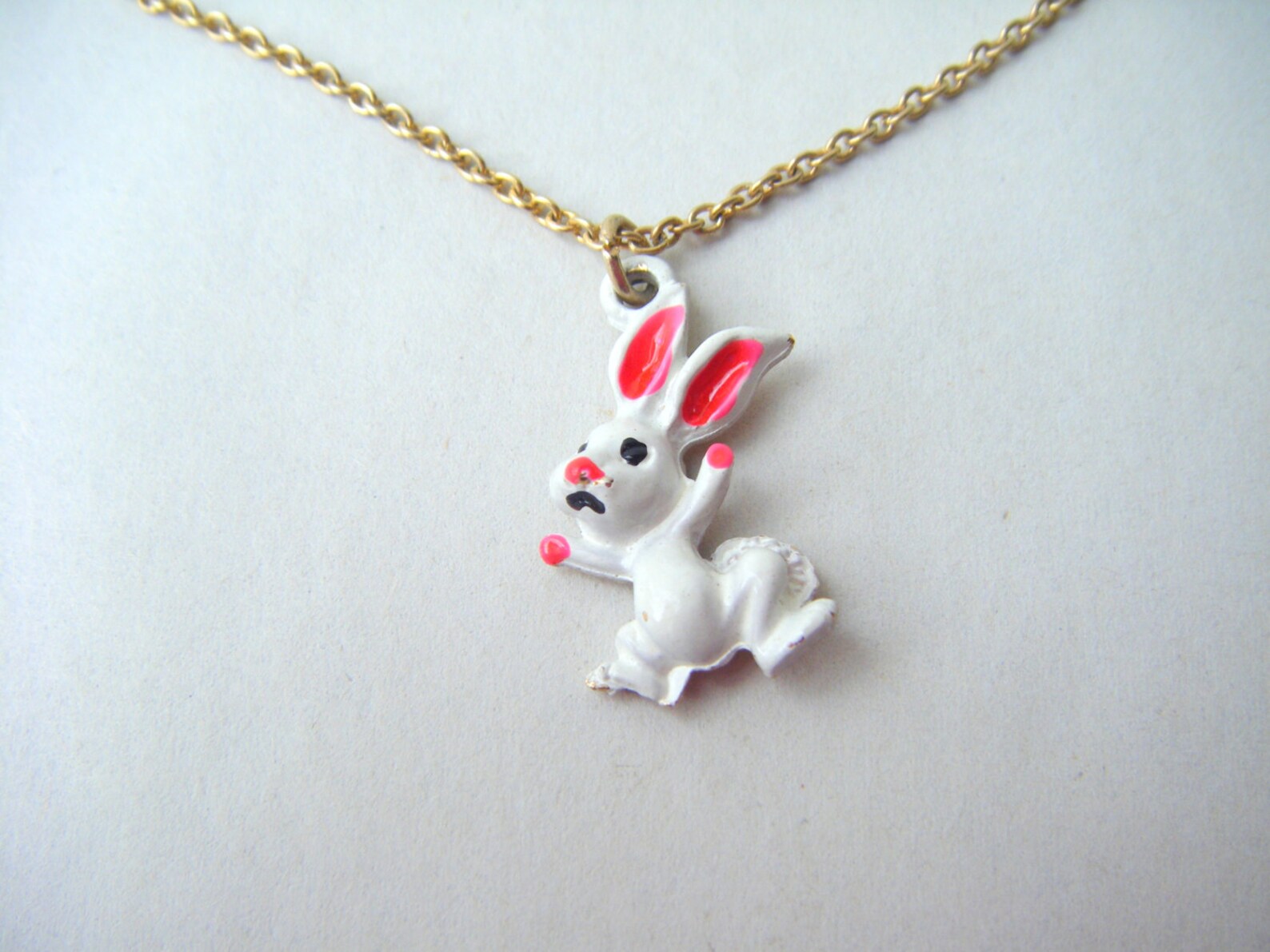 Vintage Enamel Bunny Rabbit Gold Tone Chain Necklace Easter Bunny White ...
