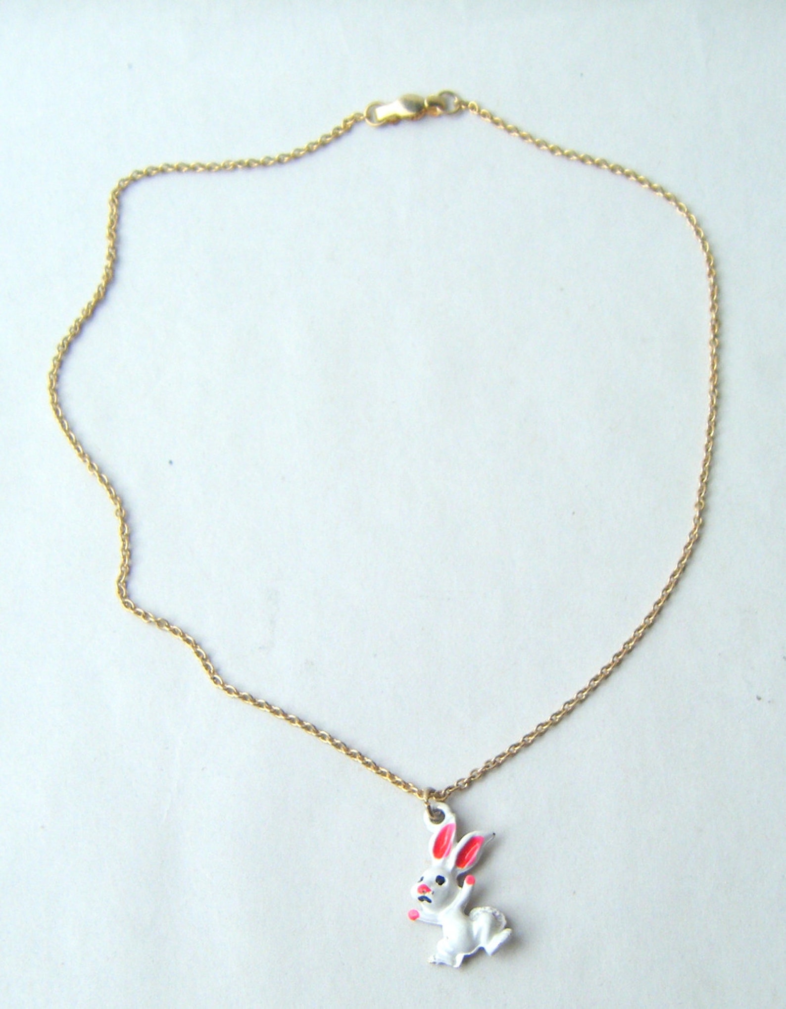 Vintage Enamel Bunny Rabbit Gold Tone Chain Necklace Easter Bunny White ...