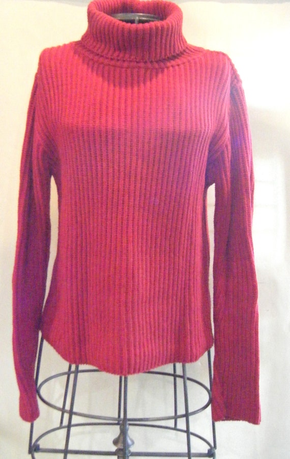 Vintage Red Turtleneck Cotton Cable Knit Box Swea… - image 3