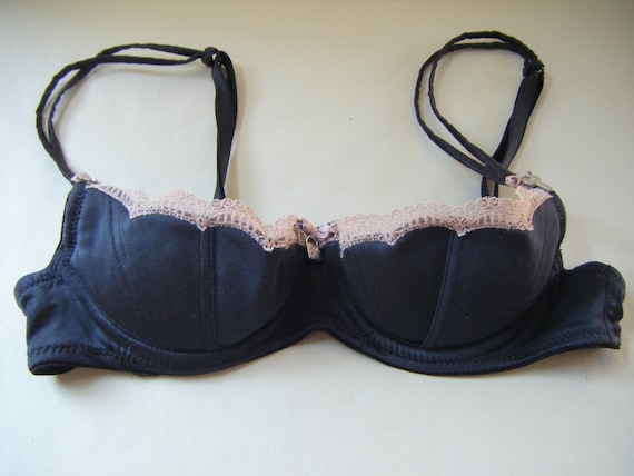 Vintage Size 32A Small Black and Dusty Pink Demi Bra and Panty Set