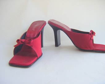 Vintage Guess Red Satin Bow Mule Pumps, US Size 6