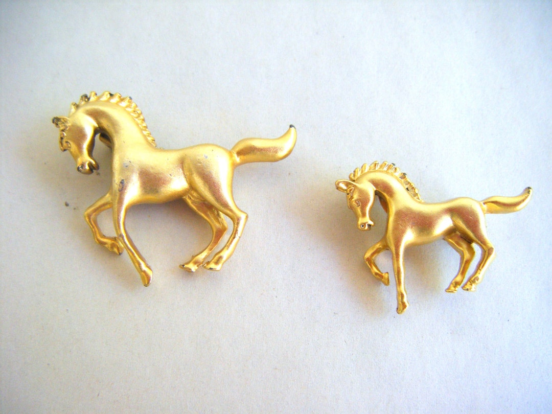 Vintage Gold Tone Horse and Foal Brooch Set 1970s Pin Set Etsy