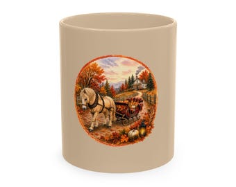 Autumn Horse Mug | Cozy Fall Coffee Mug | Farmhouse Horse Lover Gift | Equestrian Coffee Cup | Fall Cottage Mug