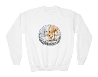Foal in Snow Youth Sweatshirt | Winter Horse Kids Crewneck