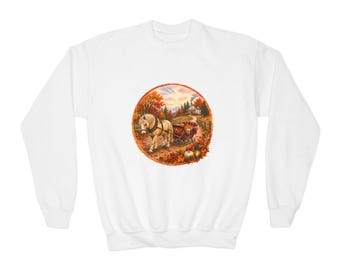 Youth Autumn Horse & Harvest Sleigh Sweatshirt | Cozy Fall Farm Crewneck
