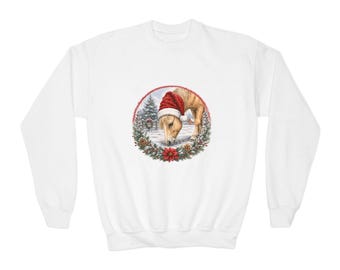 Horse in Santa Hat Youth Sweatshirt | Christmas Horse Holiday Wreath