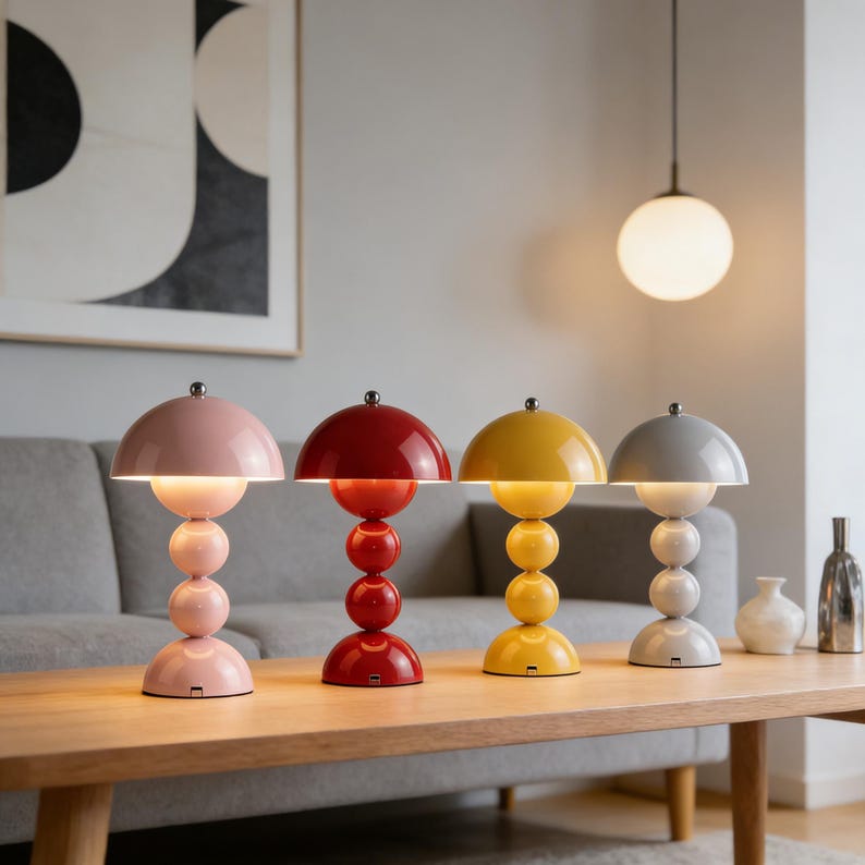 May include: Four colorful table lamps with a retro design. Each lamp has a rounded shade and a base composed of stacked spheres. The lamps are in pink, red, yellow, and gray, and are placed on a wooden table in front of a gray sofa.